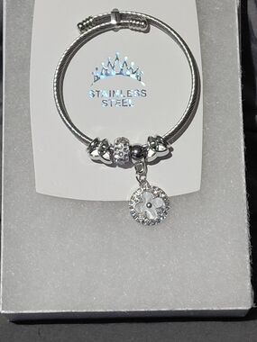 Silver Charm Bracelet with Sparkling Flower Pendant